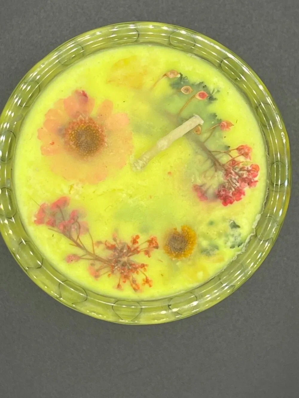 Clear Hobnail Glass Candle with Lime-Yellow Wax and Pressed Wildflowers